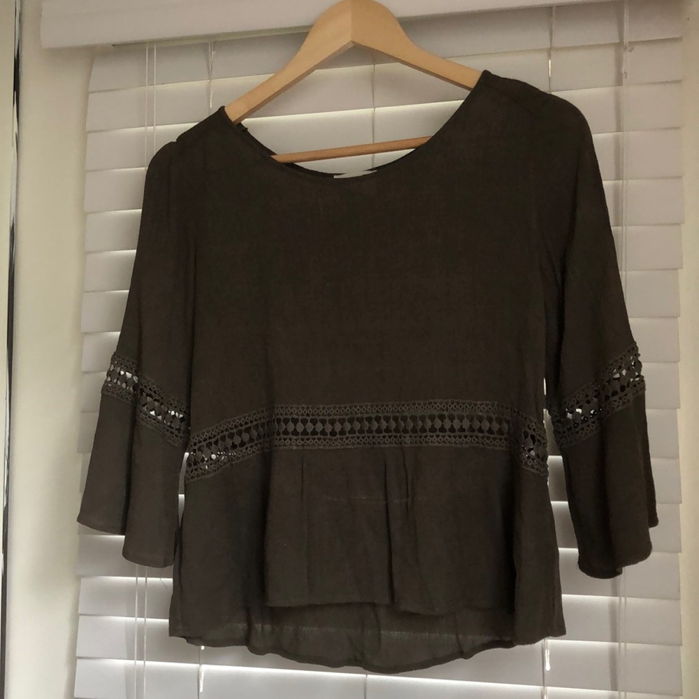 Army green flowy PAC SUN blouse crochet detail
